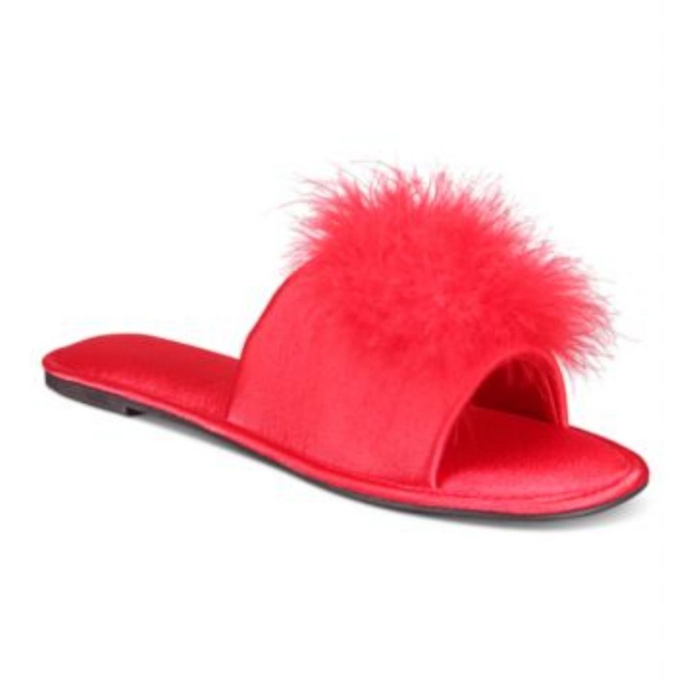EUC INC Red Satin Feather Pom Pom Slides Slippers, Sz L (9-10)